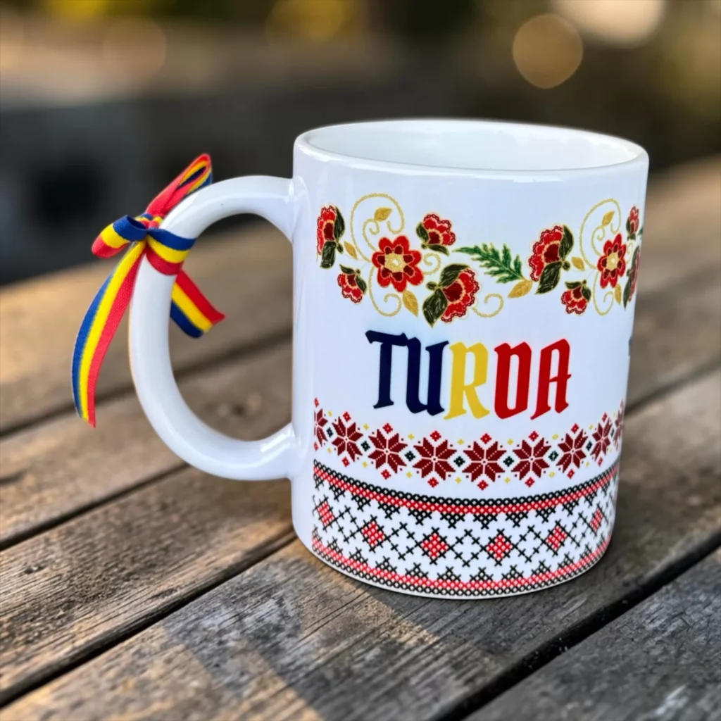 Cană ceramică suvenir Turda – motive tradiționale românești