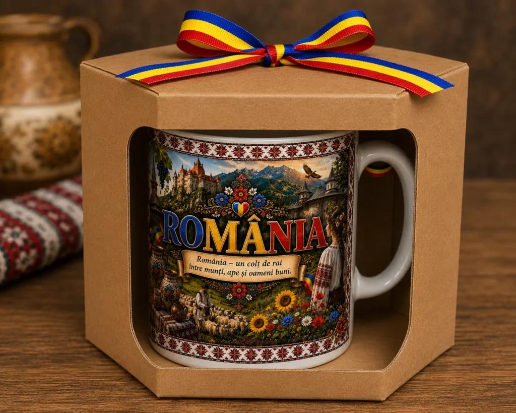 Cană România – un colț de rai, în cutie cadou kraft cu fundă tricoloră – Suvenir România