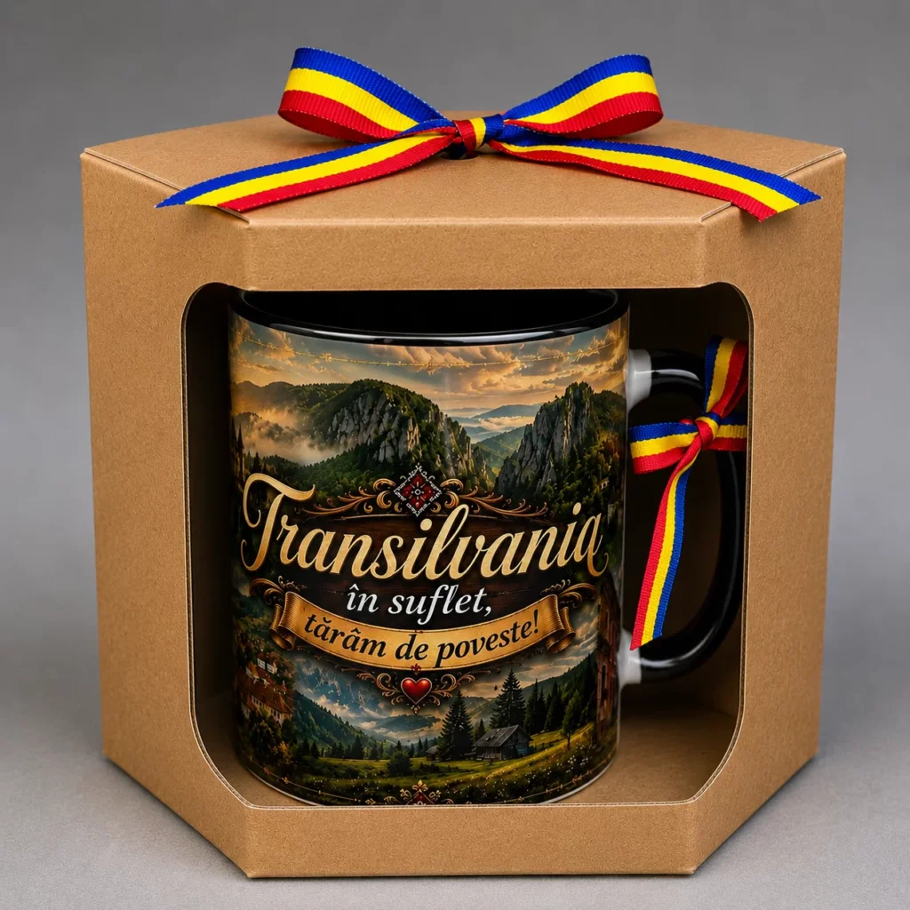 Cană Transilvania în suflet, tărâm de poveste! în cutie cadou kraft cu fundă tricoloră – Suvenir România