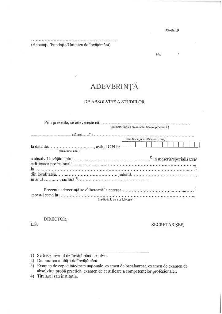 Adeverinţă absolvire a studiilor tip B – învăţământ particular