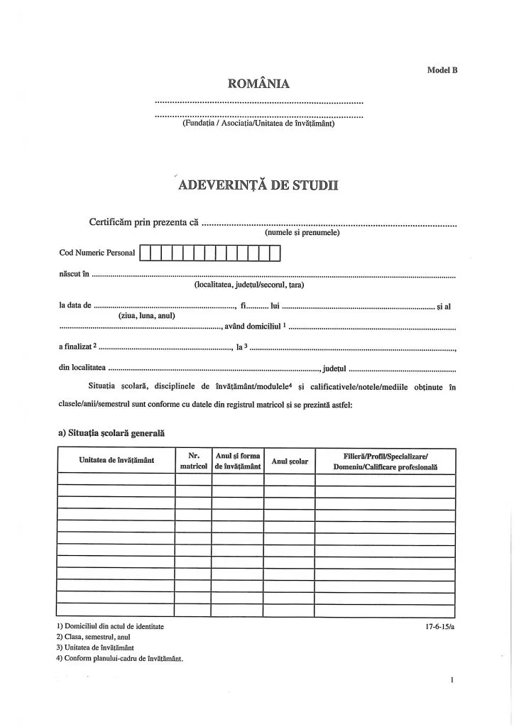 Adeverinţă de studii tip B – învățământ  Particular