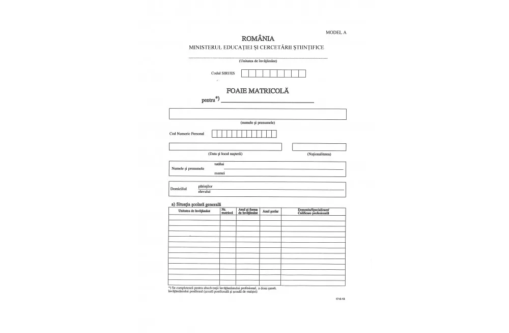 Foaie matricolă postliceal, Tip A – învățământ de stat