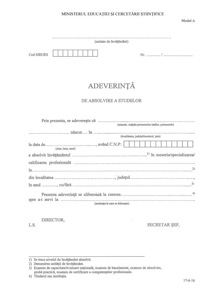 Adeverinţă absolvire a studiilor tip A – învățământ de stat
