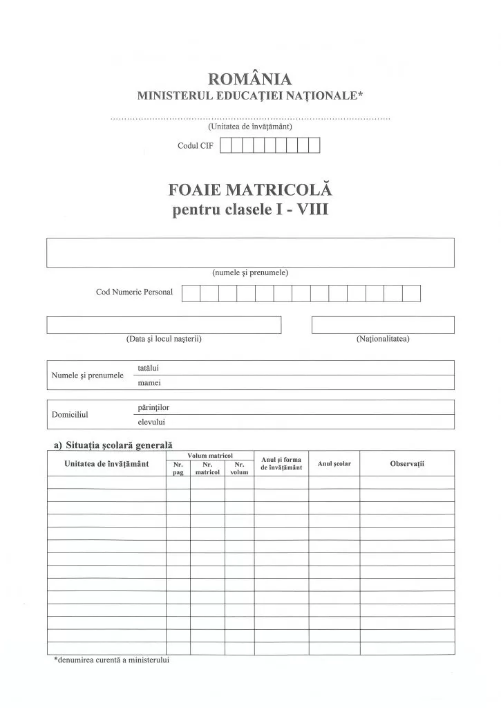 Foaie matricolă clasele I-VIII, Tip A – învățământ de stat
