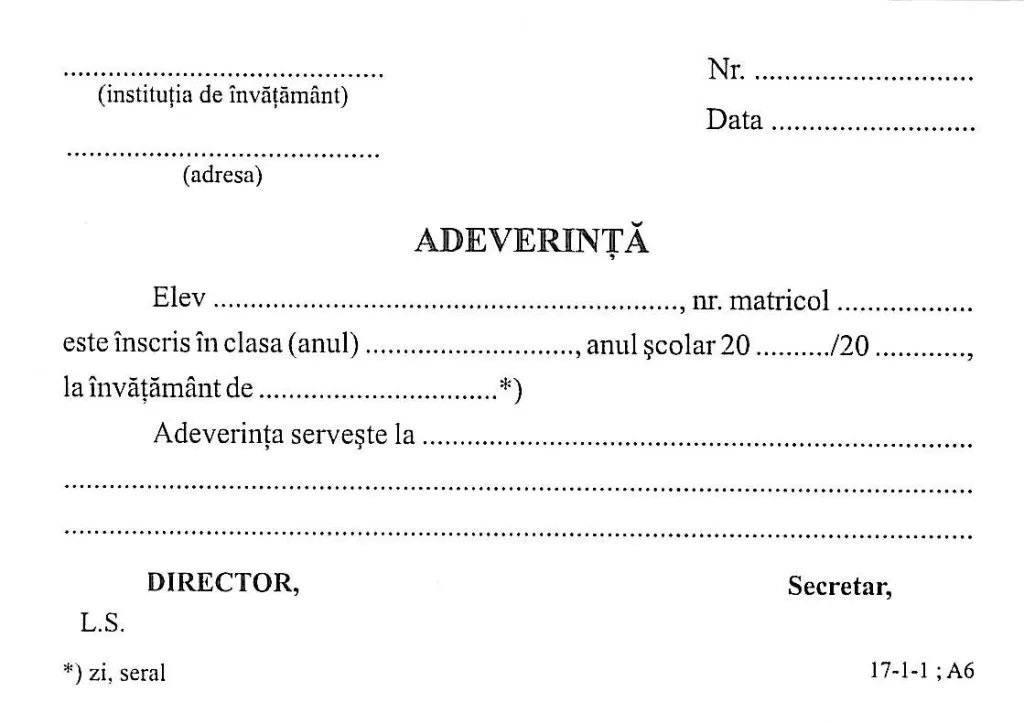 Adeverinţă pentru elevi