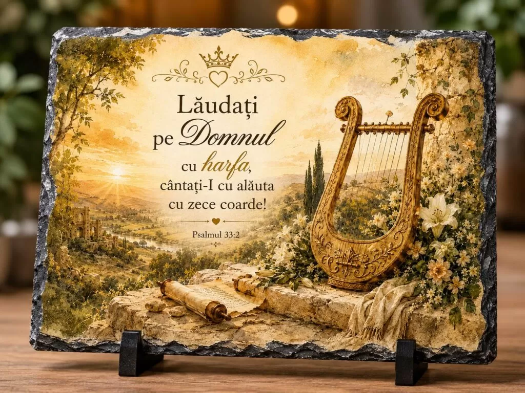 Placă ardezie creștină cu harpă și verset biblic – Psalmul 33:2 Cadou pentru muzicieni și iubitorii de laudă