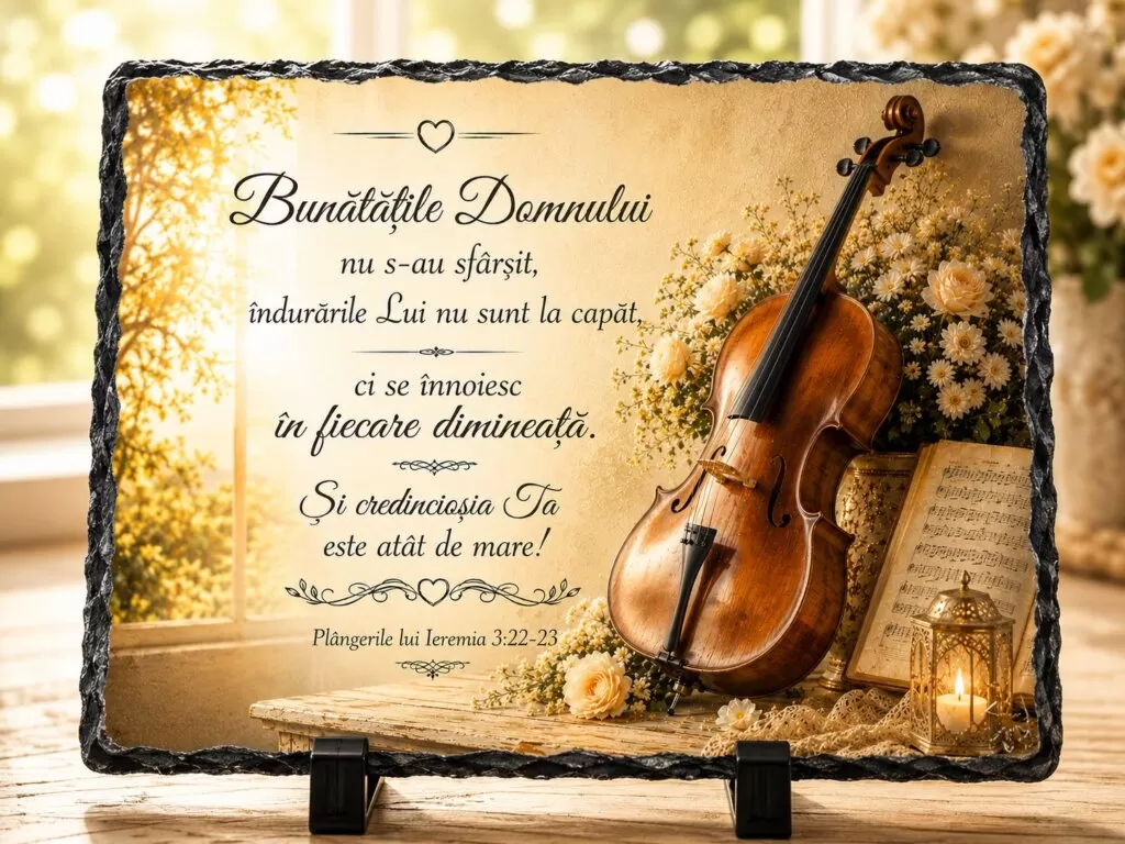 Placă ardezie creștină cu violoncel și verset biblic – Plângerile lui Ieremia 3:22-23 Cadou pentru muzicieni și iubitorii de laudă