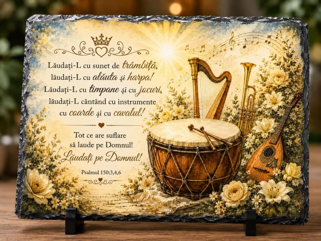 Placă ardezie creștină cu instrumente muzicale și verset biblic – Psalmul 150:3-6 Cadou pentru muzicieni și iubitorii de laudă