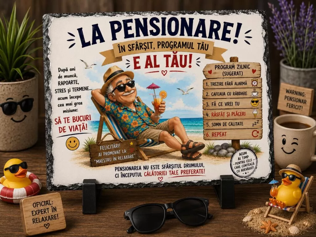 Placă ardezie – La Pensionare! În sfârșit, programul tău e al tău! (Domn)