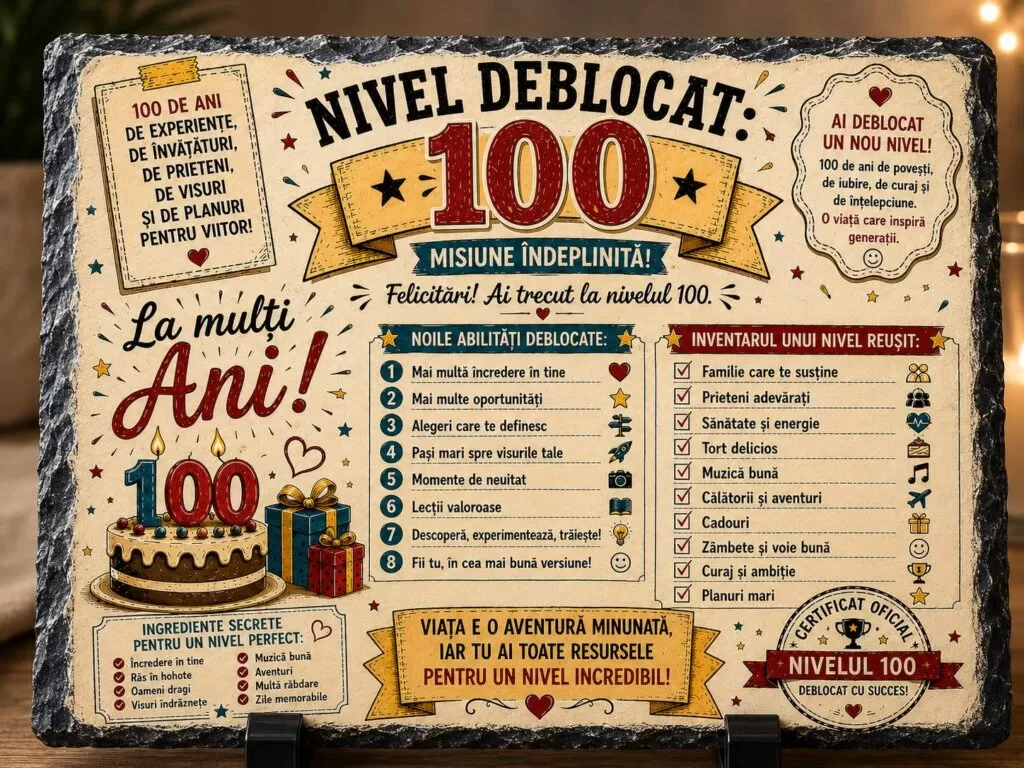 Ardezie Personalizată – „Nivel Deblocat 100” – Cadou Aniversar 100 de Ani
