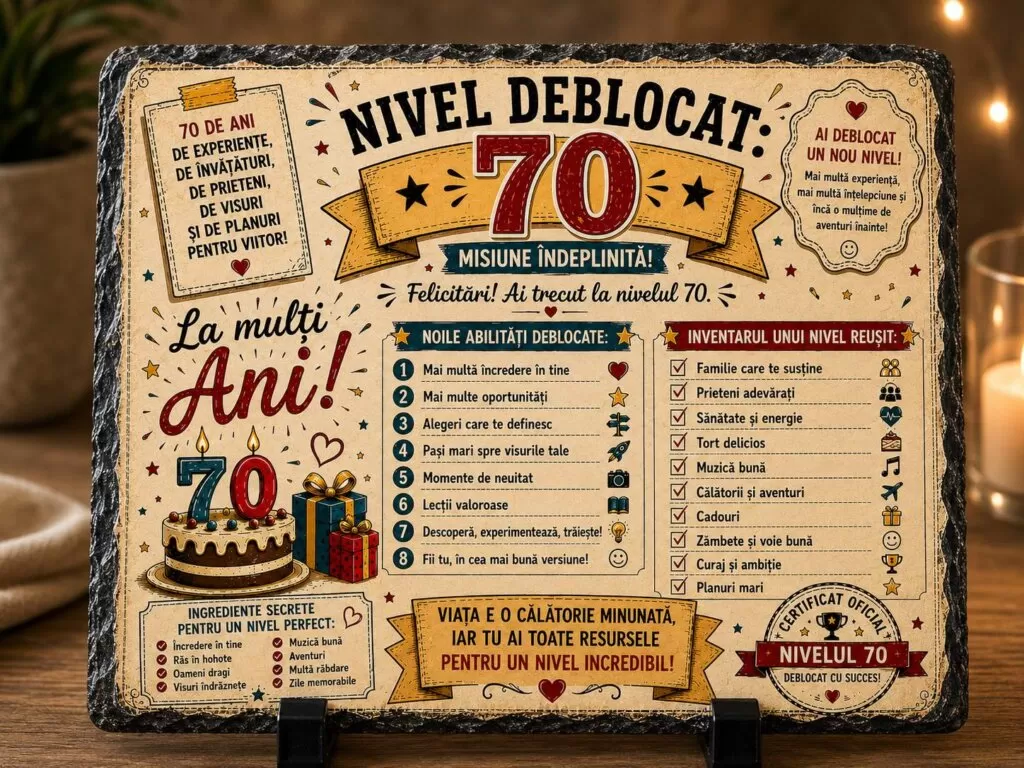 Ardezie Personalizată – „Nivel Deblocat 70” – Cadou Aniversar 70 de Ani