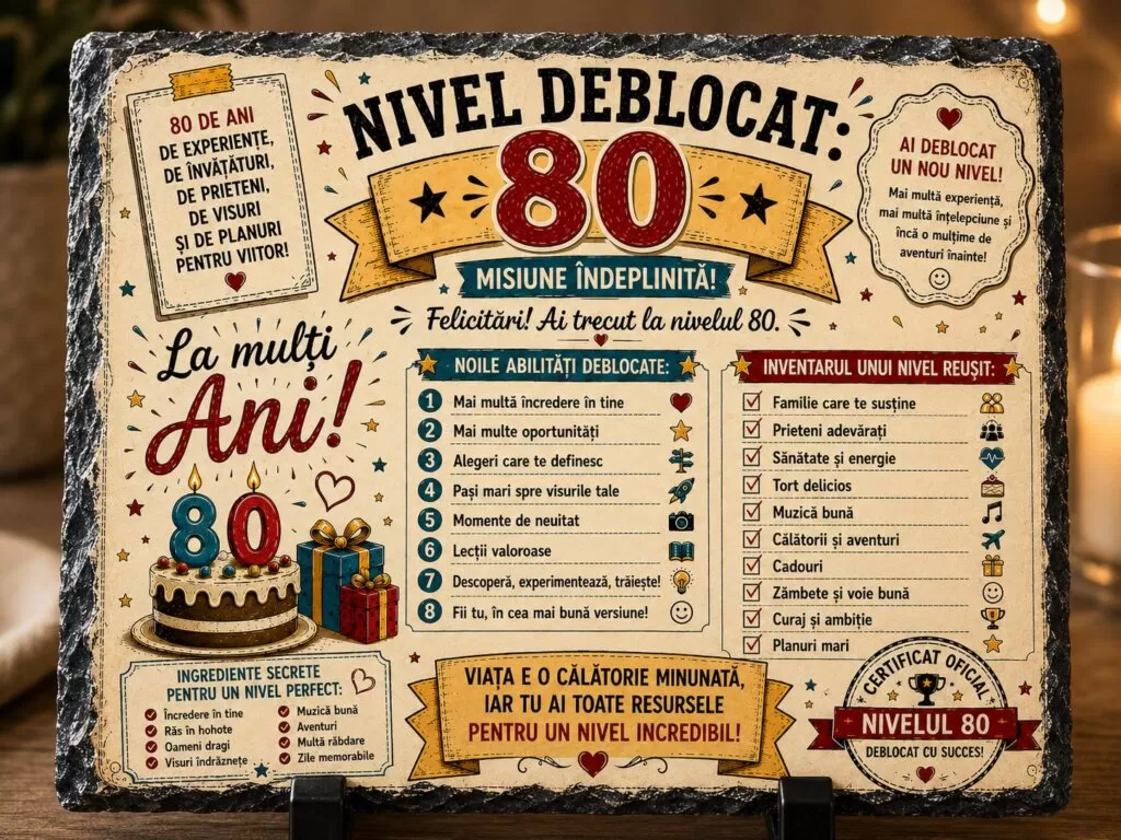 Ardezie Personalizată – „Nivel Deblocat 80” – Cadou Aniversar 80 de Ani