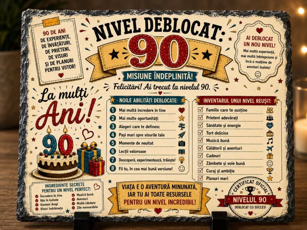 Ardezie Personalizată – „Nivel Deblocat 90” – Cadou Aniversar 90 de Ani