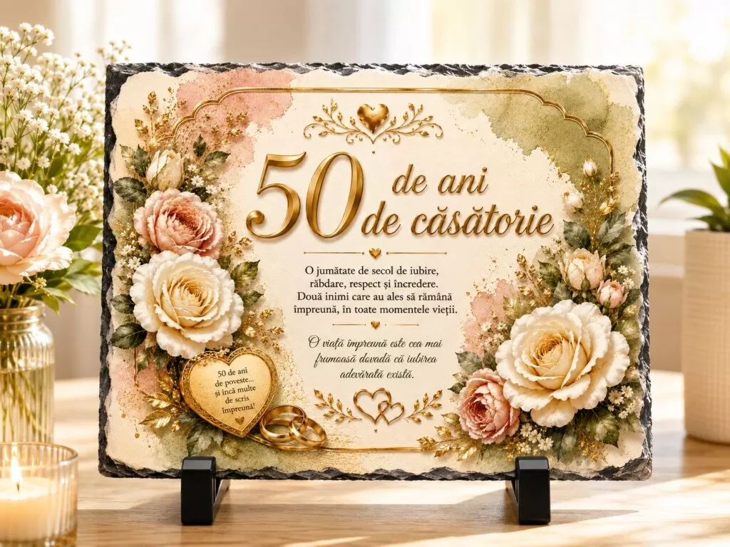 Placă ardezie – 50 de ani de căsătorie – Cadou Elegant pentru Aniversarea Căsătoriei