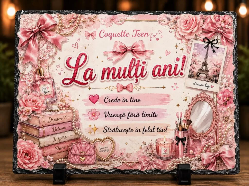 Ardezie Personalizată –„La mulți ani!” Coquette Teen – Cadou pentru Adolescente – Design Roz Romantic