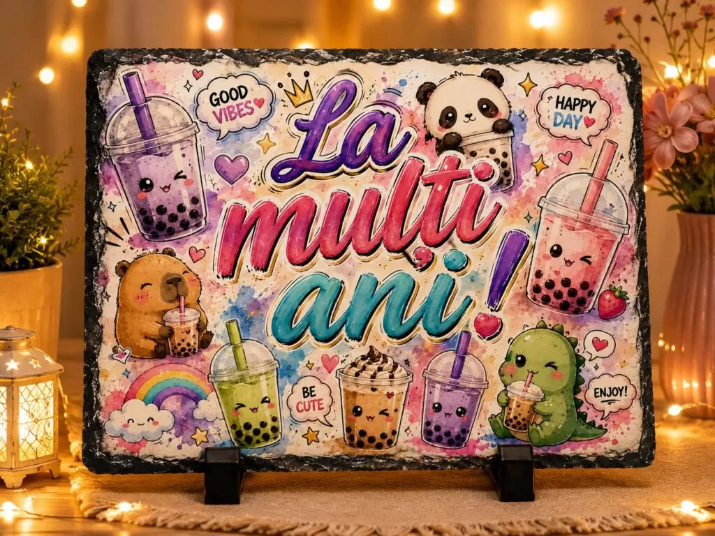 Ardezie Personalizată –„La Mulți Ani!” Bubble Tea Kawaii – Cadou pentru Copii și Adolescenți