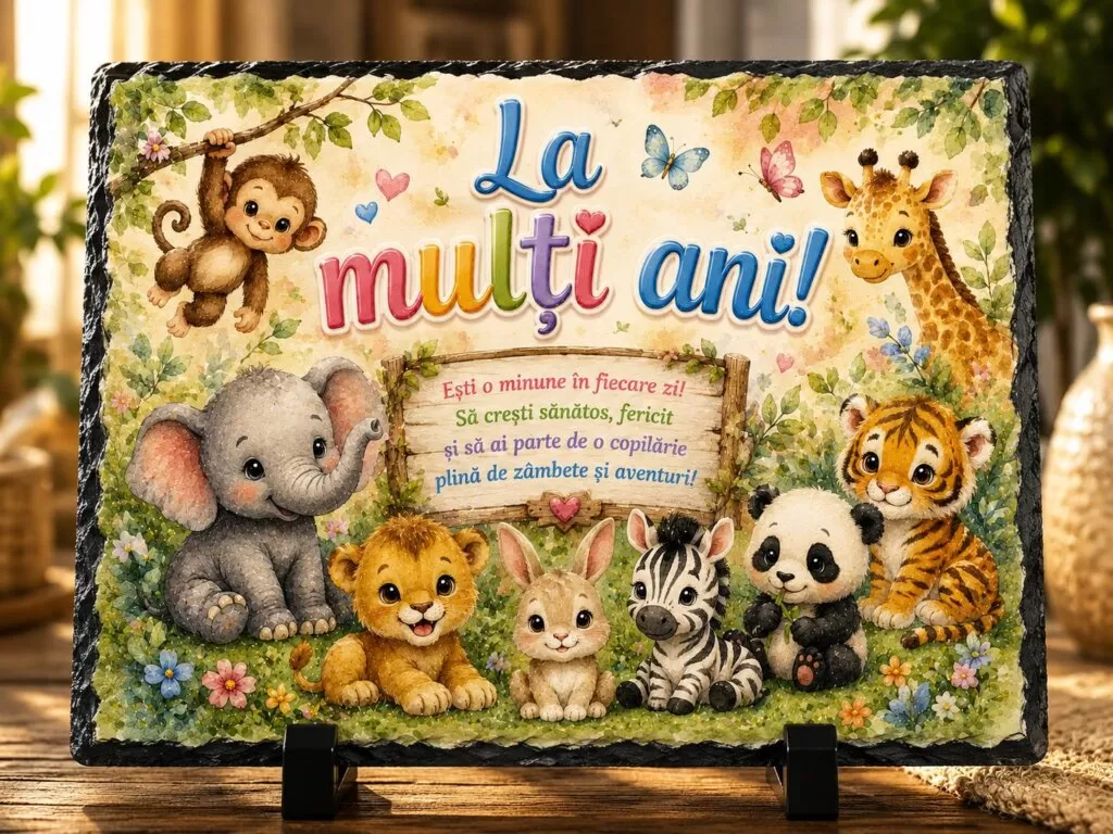 Ardezie Personalizată – „La Mulți Ani!” cu Animăluțe – Cadou pentru Copii