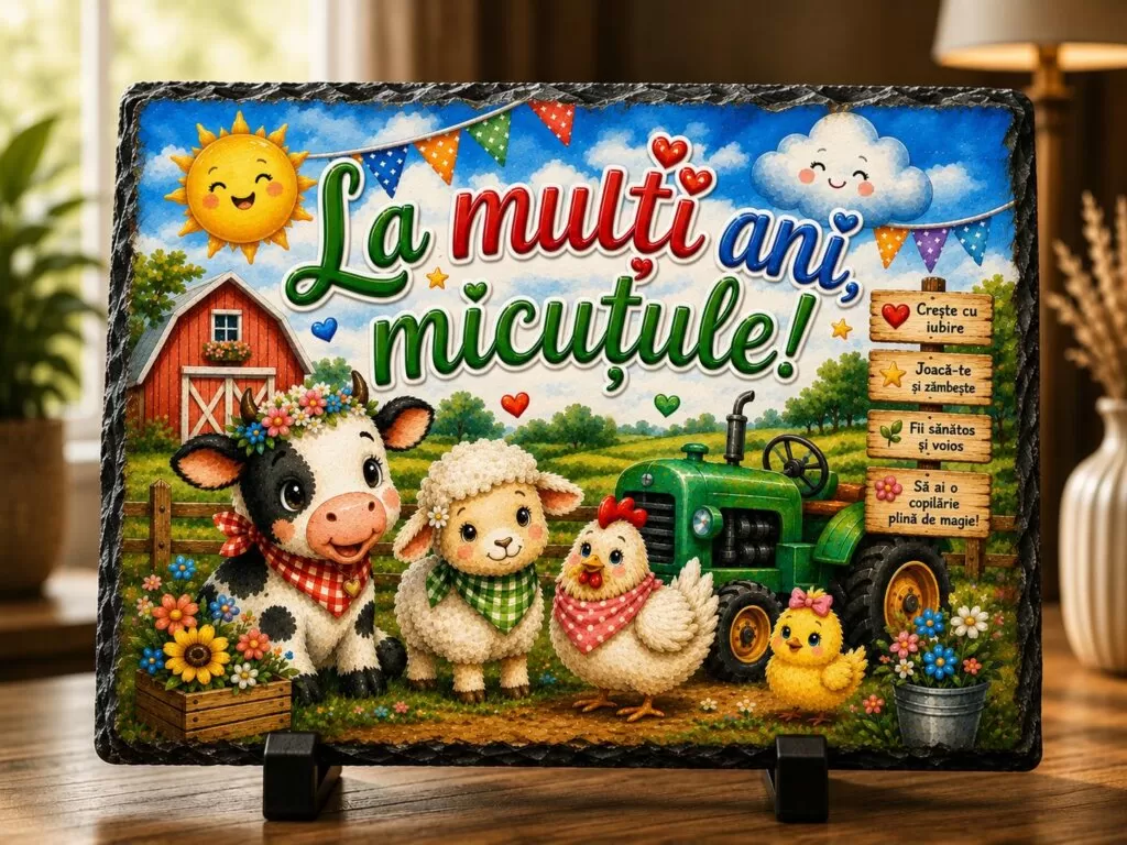 Ardezie Personalizată –„La mulți ani, Micuțule!” Fermă – Cadou pentru Băieți