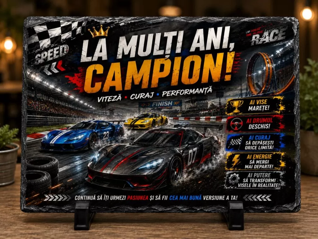 Ardezie Personalizată –„La Mulți Ani, Campion!” – Cadou pentru Copii Pasionați de Mașini și Curse Auto