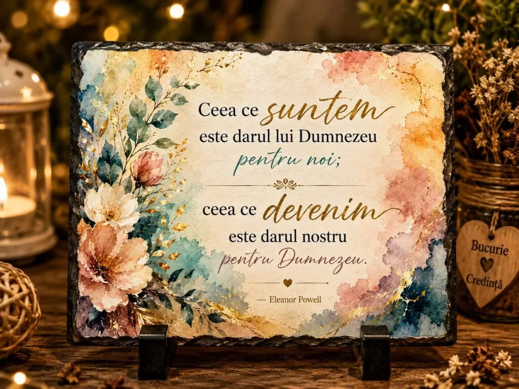 Placă ardezie creștină – „Ceea ce suntem este darul lui Dumnezeu” – Citat inspirațional Eleanor Powell