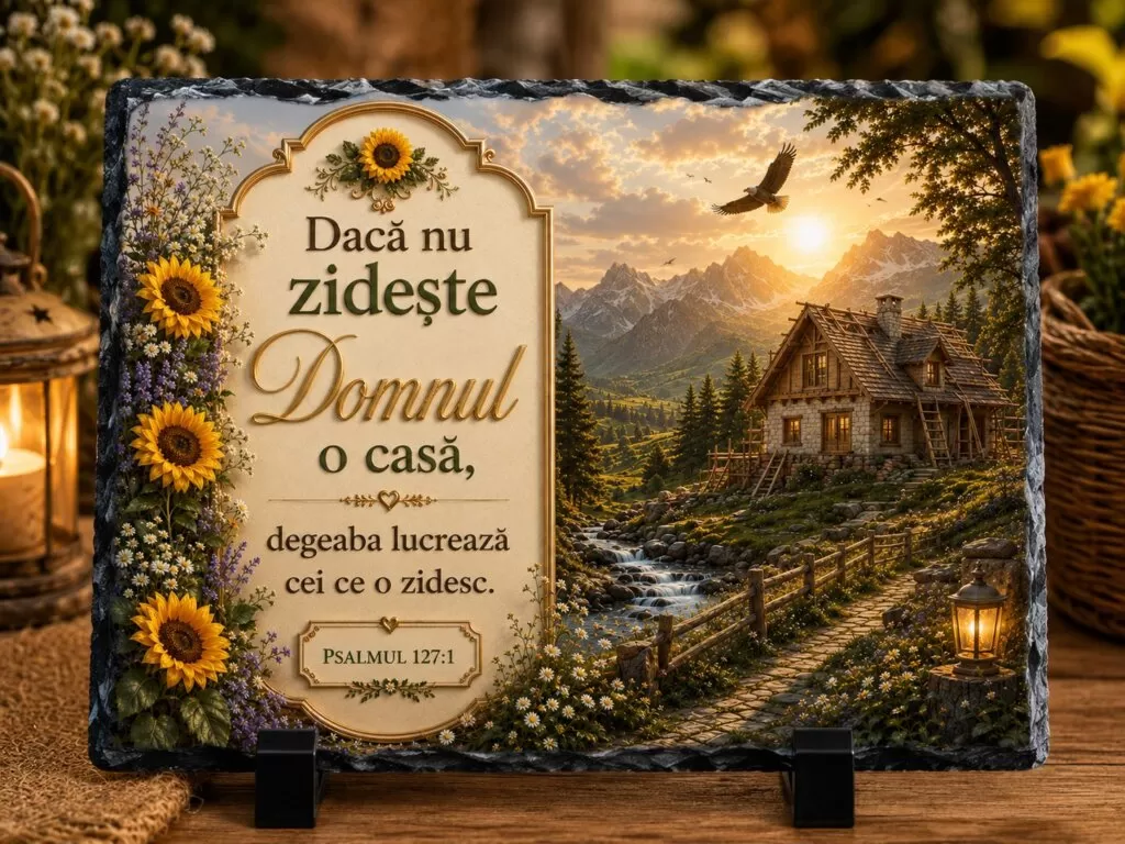 Placă ardezie creștină -„Dacă nu zidește Domnul o casă…” –  Cadou creștin cu verset biblic