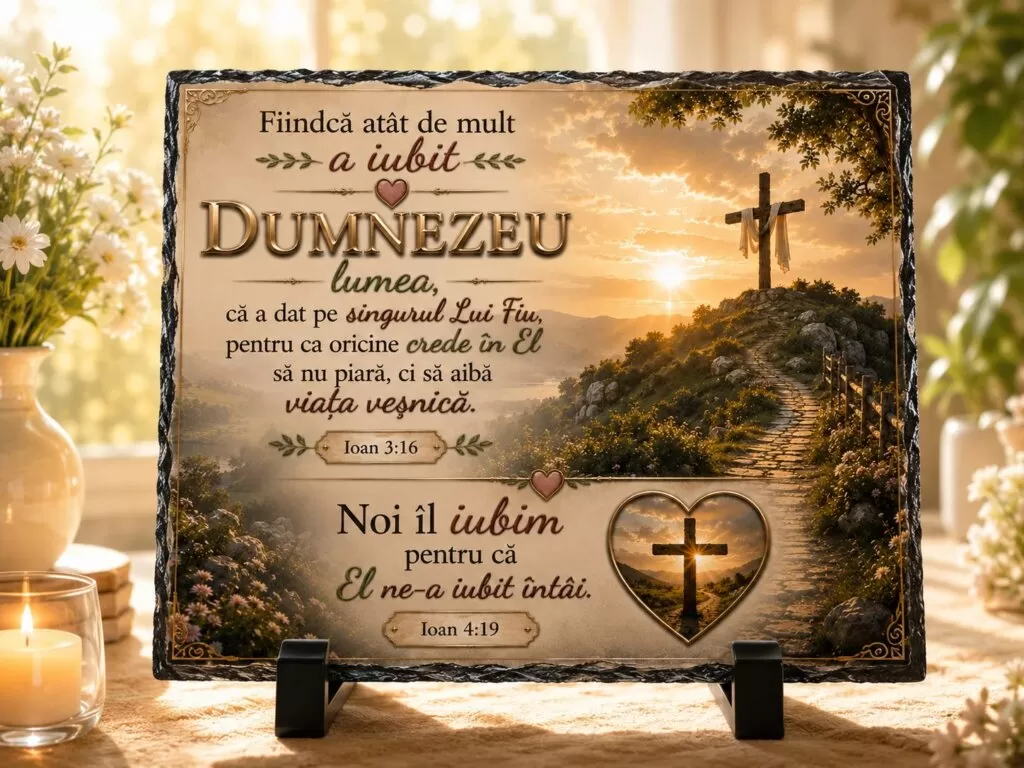 Placă ardezie creștină -„Fiindcă atât de mult a iubit Dumnezeu lumea” –  Cadou creștin cu verset biblic