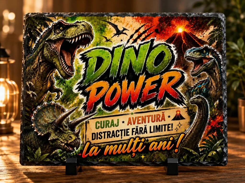 Ardezie Personalizată –„Dino Power” – Cadou cu Dinozauri pentru Copii