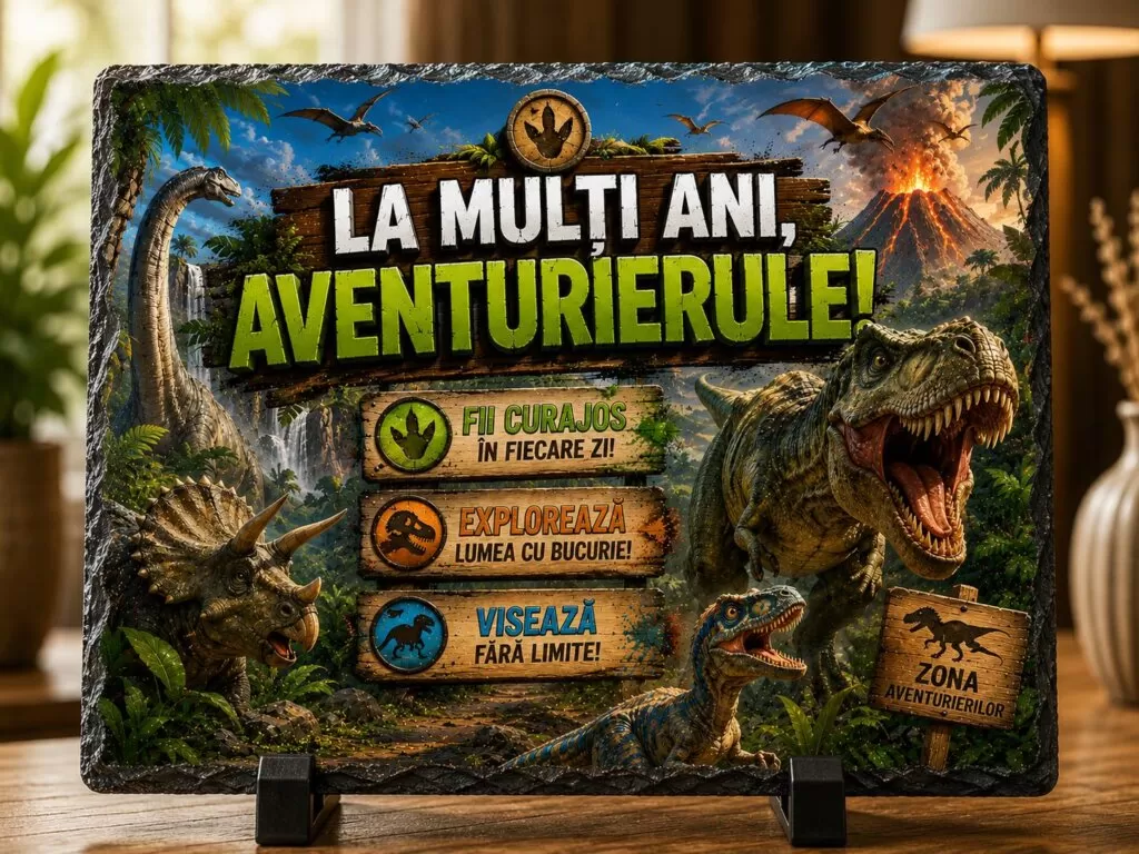 Ardezie Personalizată –„La mulți ani, Aventurierule!” Dinozauri – Cadou pentru Băieți