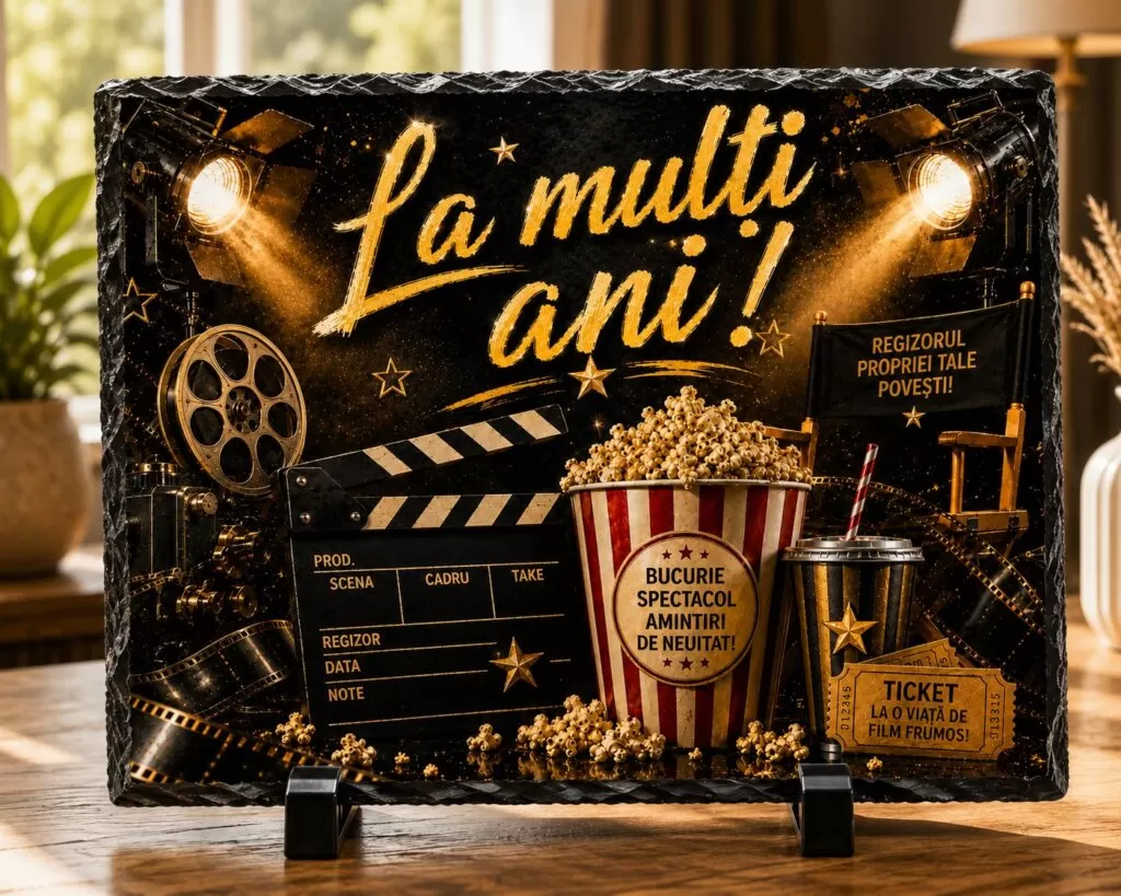 Ardezie Personalizată –„La mulți ani!” – Tema Cinema & Film – Cadou pentru Pasionații de Filme