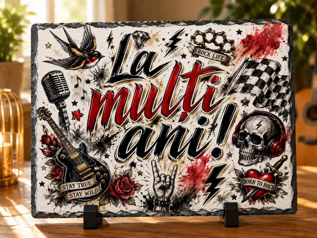 Ardezie Personalizată –„La Mulți Ani!” Rock & Tattoo Style – Cadou pentru Iubitorii de Rock