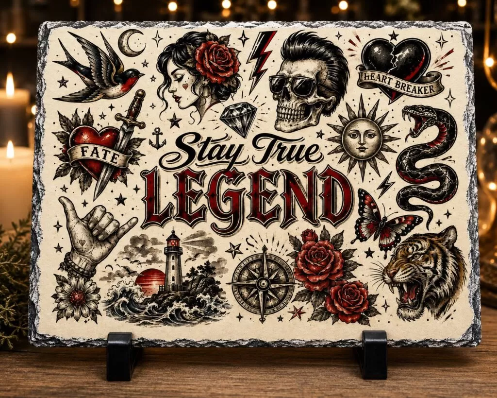 Ardezie Personalizată –„Stay True Legend” – Stil Tattoo Old School – Cadou pentru Iubitorii de Tattoo și Rock