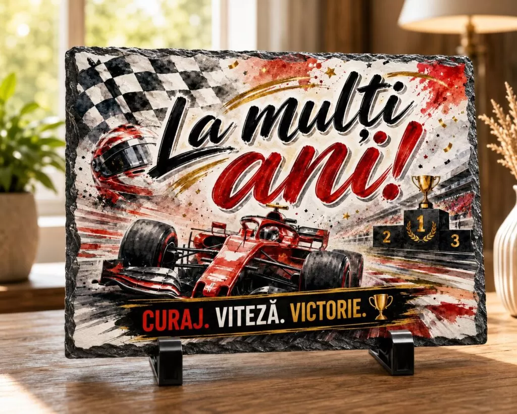 Ardezie Personalizată –„La Mulți Ani!” Formula 1 – Cadou pentru Pasionații de Curse Auto