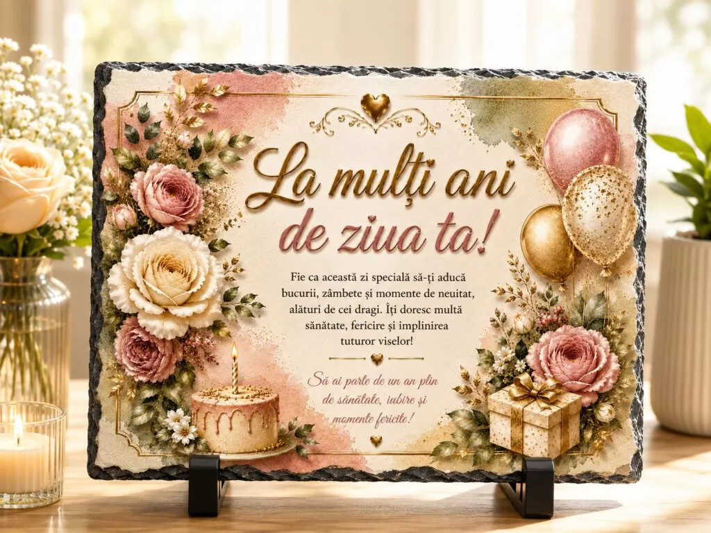 Ardezie personalizată – „La Mulți Ani de Ziua Ta!” – Cadou Elegant de Zi de Naștere (F)