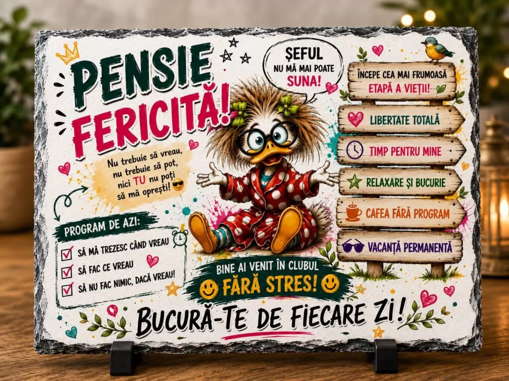 Ardezie Personalizată –„Pensie Fericită!” – Cadou Haios de Pensionare pentru Femei