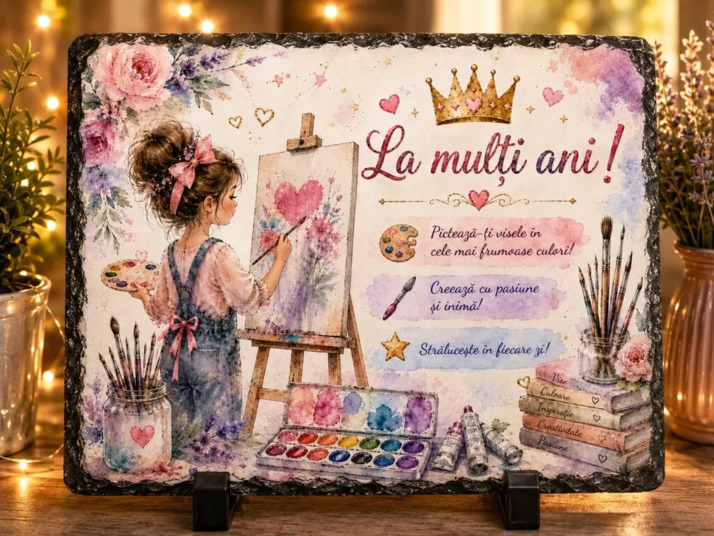 Ardezie Personalizată –„La mulți ani!” – Pictură & Acuarele – Cadou pentru Micii Artiști