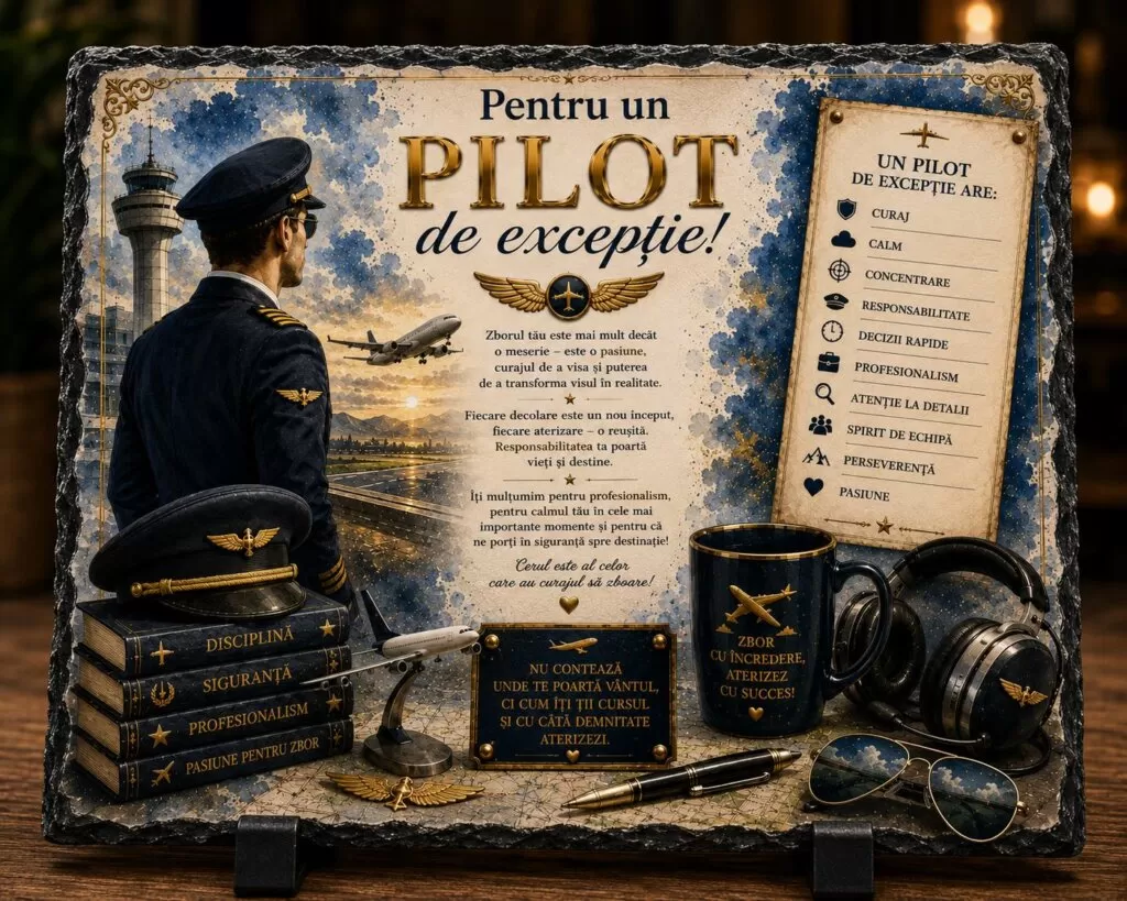 Ardezie Personalizată – „Pentru un Pilot de Excepție” – Cadou pentru piloți