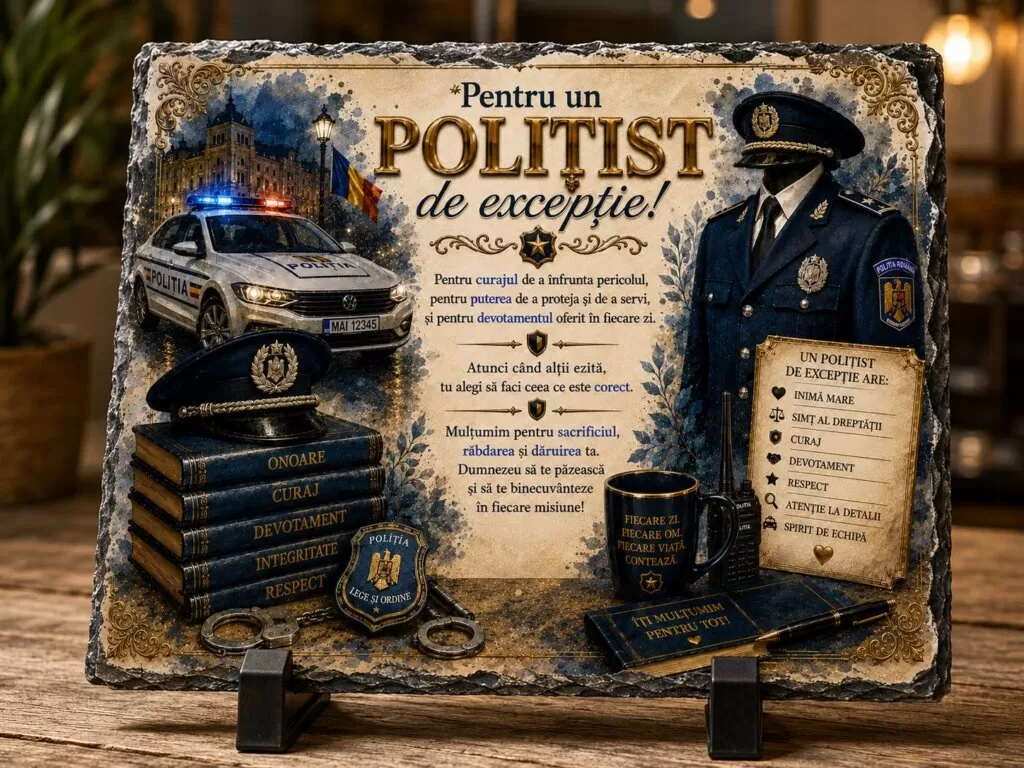 Ardezie Personalizată – „Pentru un Polițist de Excepție” – Cadou pentru polițiști
