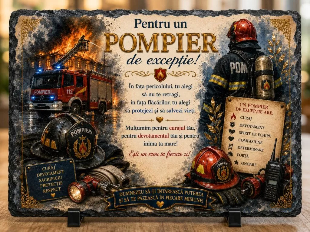 Ardezie Personalizată – „Pentru un Pompier de Excepție” – Cadou pentru pompieri