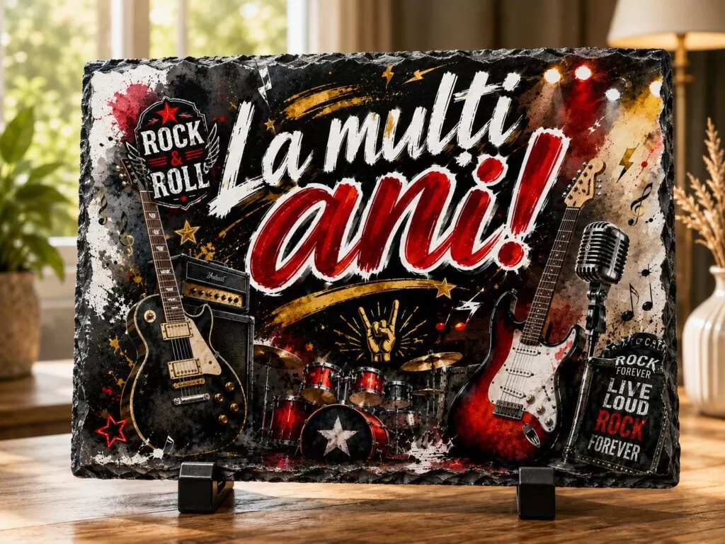 Ardezie Personalizată –„La Mulți Ani!” Rock & Roll – Cadou pentru Iubitorii de Muzică