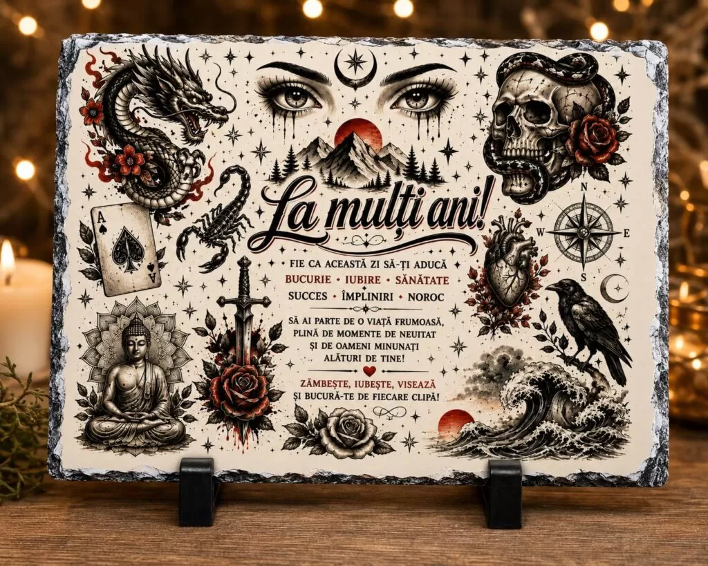 Ardezie Personalizată –„La Mulți Ani!” – Stil Tattoo Blackwork | Cadou Original pentru Iubitorii de Artă Tattoo