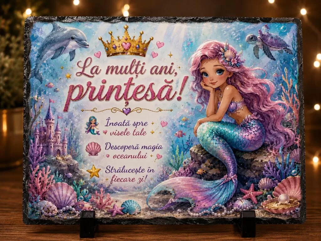 Ardezie Personalizată –„La mulți ani, Prințesă!” Sirenă – Cadou pentru Fetițe