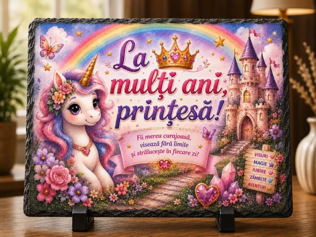 Ardezie Personalizată –„La mulți ani, Prințesă!” cu Unicorn – Cadou pentru Fetițe
