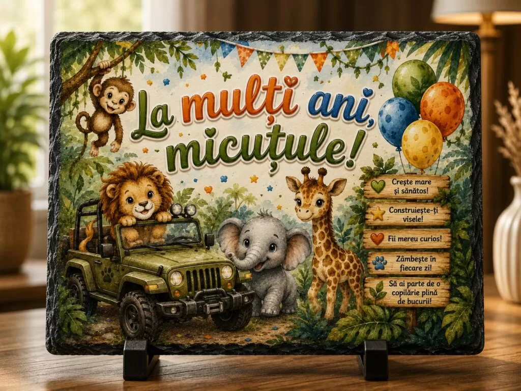 Ardezie Personalizată – „La mulți ani, Micuțule!” Safari – Cadou pentru Băieți