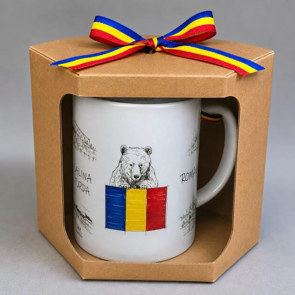 Cană  România urs și tricolor – Suvenir România – în cutie cadou kraft cu fundă tricoloră