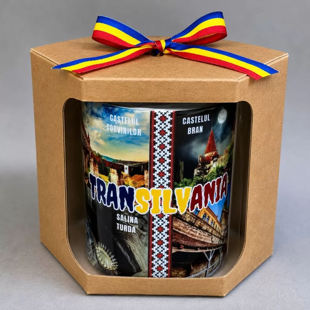Cană  Transilvania în cutie cadou, cu fundă tricoloră, Suvenir România