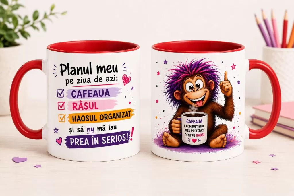 Cană Amuzantă – „Planul meu pe ziua de azi: Cafeaua, Râsul și Haosul Organizat”