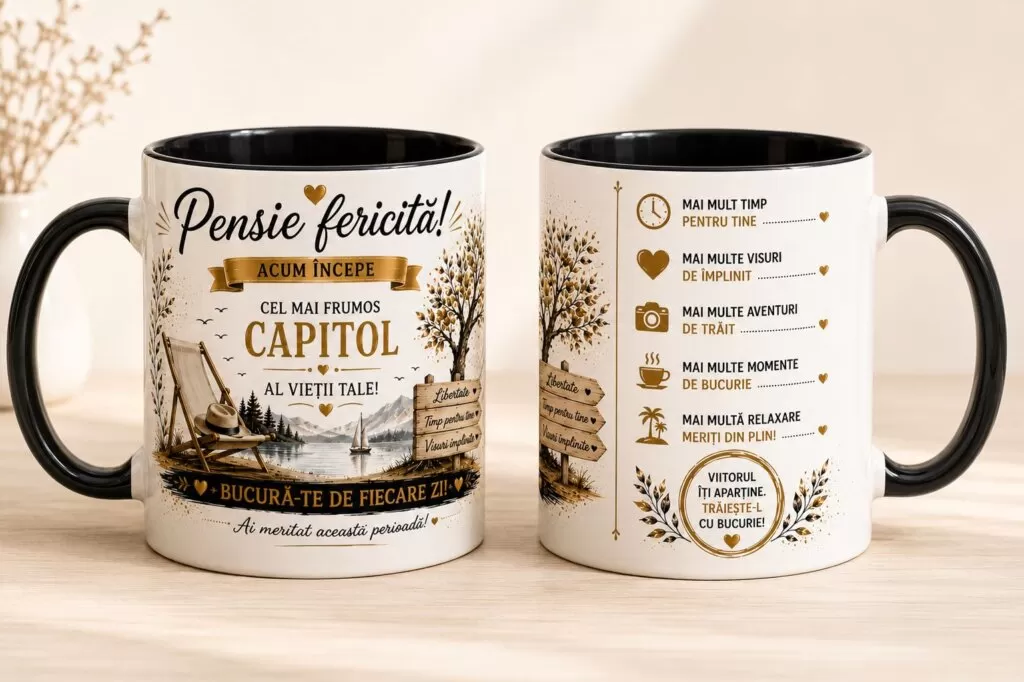 Cană cadou „Pensie Fericită” – Cadou Elegant pentru Pensionare