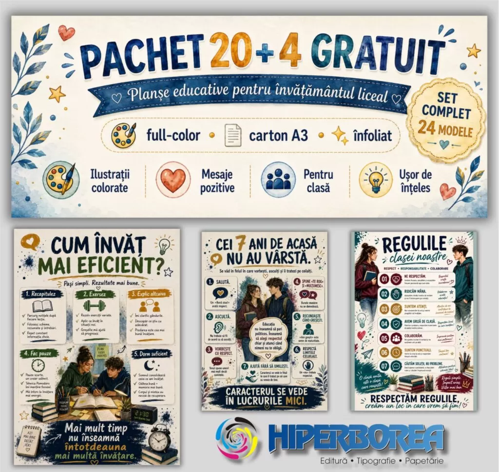 Set 24 Planșe Educative pentru Liceu – Pachet 20 + 4 GRATUIT, Format A3, Full-Color, Carton Înfoliat – Reguli, Emoții și Dezvoltare Personală