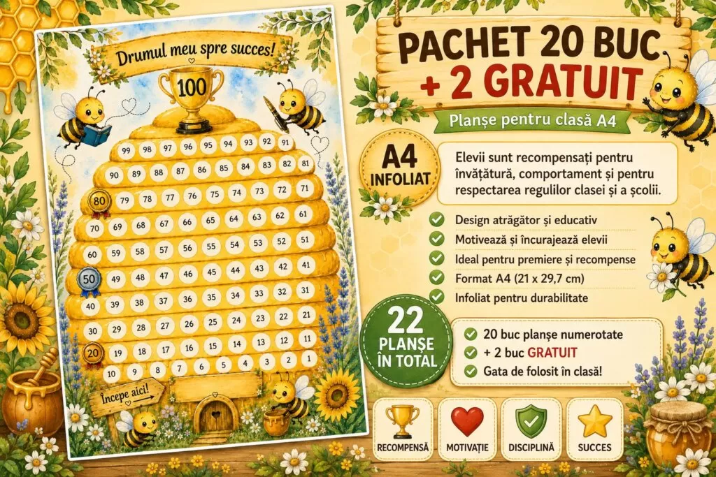 Planșe educative „Drumul meu spre succes” –Set 20+2 GRATUIT Planșe Motivaționale A4 (albinuțe), Full Color, Infoliată, Reutilizabilă, Recompense pentru Elevi