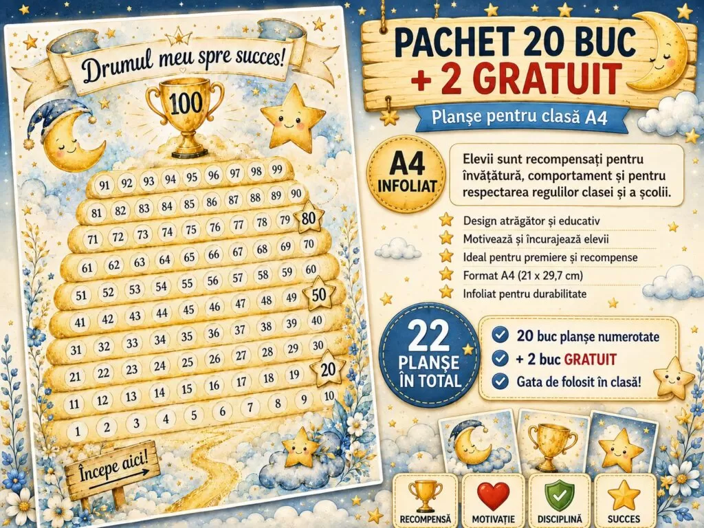 Planșe educative „Drumul meu spre succes” –Set 20+2 GRATUIT Planșe Motivaționale A4 (steluțe), Full Color, Infoliată, Reutilizabilă, Recompense pentru Elevi